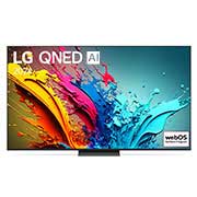 Vue de face de la TV LG QNED, QNED86 avec le texte LG QNED, 2024 et le logo webOS Re:New Program à l’écran.