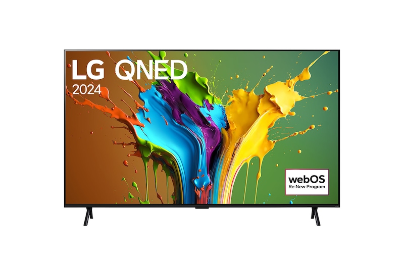 Vue de face du TV LG QNED, 98QNED89 avec le texte LG QNED, 2024 et le logo webOS Re:New Program à l’écran.