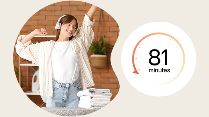 Femme heureuse appréciant la lessive et la musique, icône d'horloge de 81 minutes