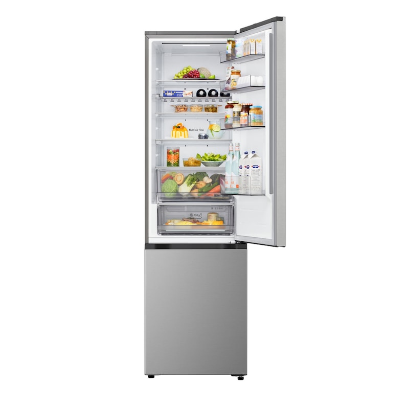 LG fridge freezer (GBBS322CPY) shelf highlighted in blue with arrows up and down right image shows folded shelf holding two water bottles