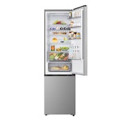 LG fridge freezer (GBBS323CPY) shelf highlighted in blue with arrows up and down right image shows folded shelf holding two water bottles
