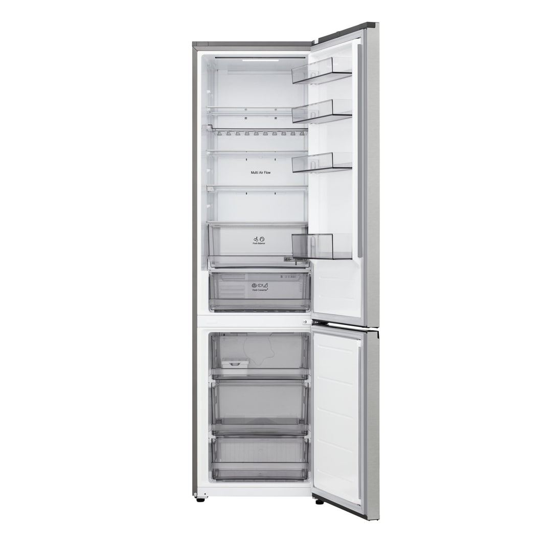 LG fridge freezer (GBBS323CPY) top view with matte black fridge on left and cabinet wall on right