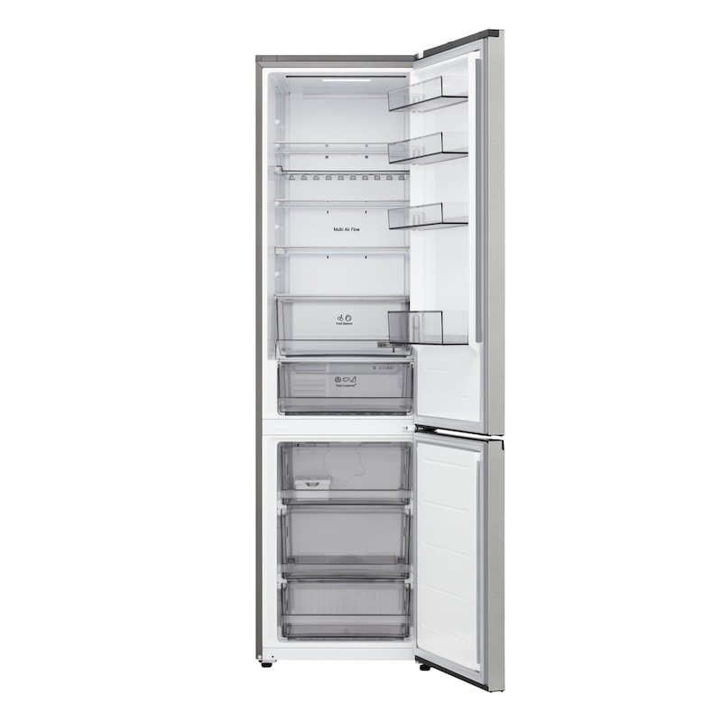 LG fridge freezer (GBBS323CPY) top view with matte black fridge on left and cabinet wall on right