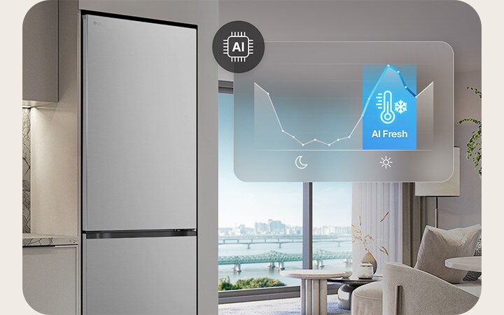 Le réfrigérateur congélateur LG (GBBS726CEV) à côté d'armoires gris clair dans un salon avec vue sur la rivière, superposé avec un graphique et de l'icône AI Fresh.
