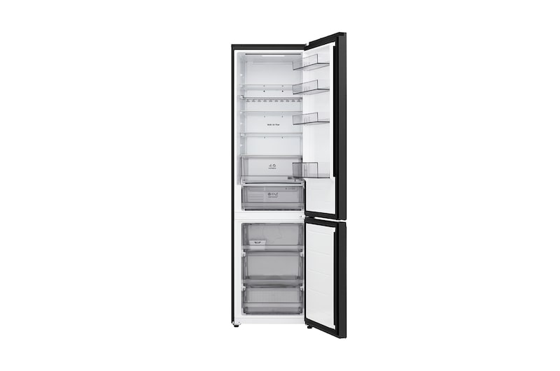 LG bottom freezer (GBBS726CEV) full door open view showing fridge and freezer compartments