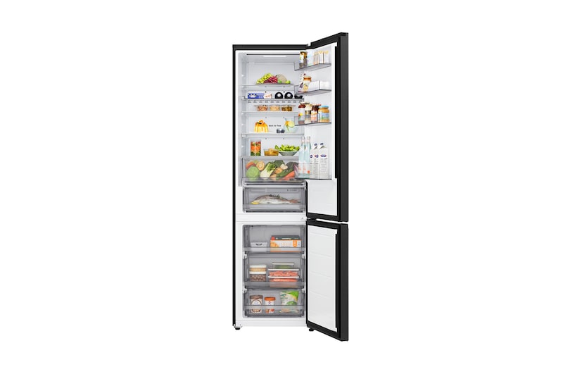 LG fridge freezer (GBBS726CEV) top view with matte black fridge on left and cabinet wall on right