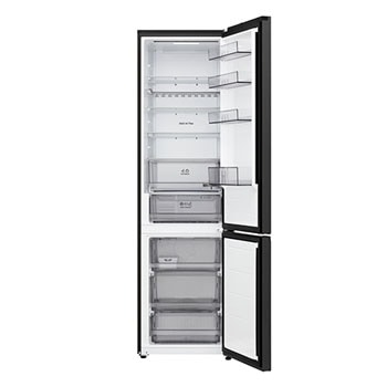 LG bottom freezer (GBBS726CEV) full door open view showing fridge and freezer compartments