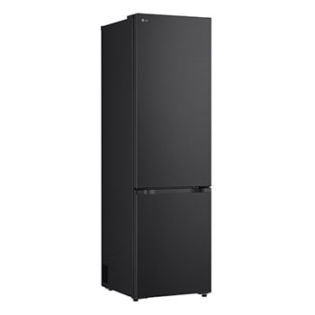 LG fridge freezer (GBBS726CEV) close up of wine rack holding four bottles and box of macarons with rack design magnified in circular image