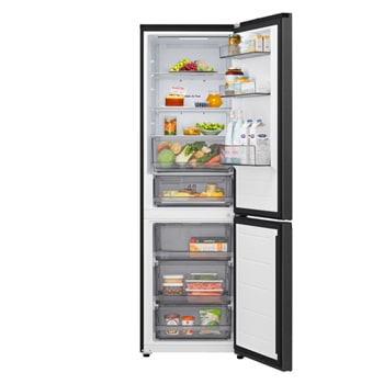 LG fridge freezer (GBBSJ10DEP) top view with matte black fridge on left and cabinet wall on right