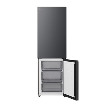 LG bottom freezer (GBBSJ10DEP) installed flush in tall warm beige wall with white arrows pointing to top side and front surfaces