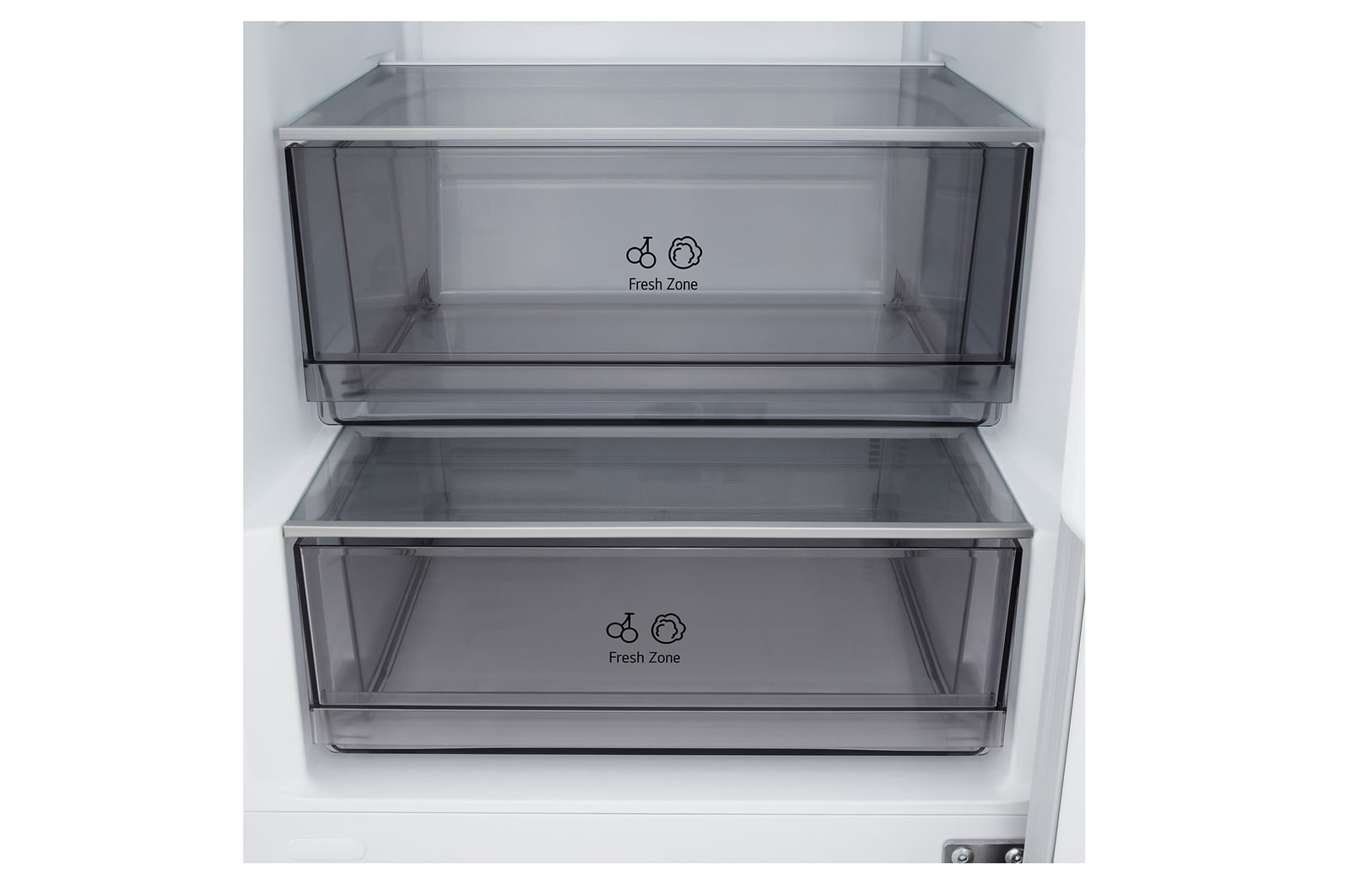 LG fridge freezer (GBBSJ10DEP) built into dark brown cabinetry with window and sofa on left and sink on right