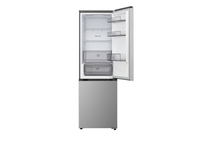 LG bottom freezer (GBBSJ10DEP) in living space with night city view overlaid with AI Saving Mode graphic and fluctuating energy chart