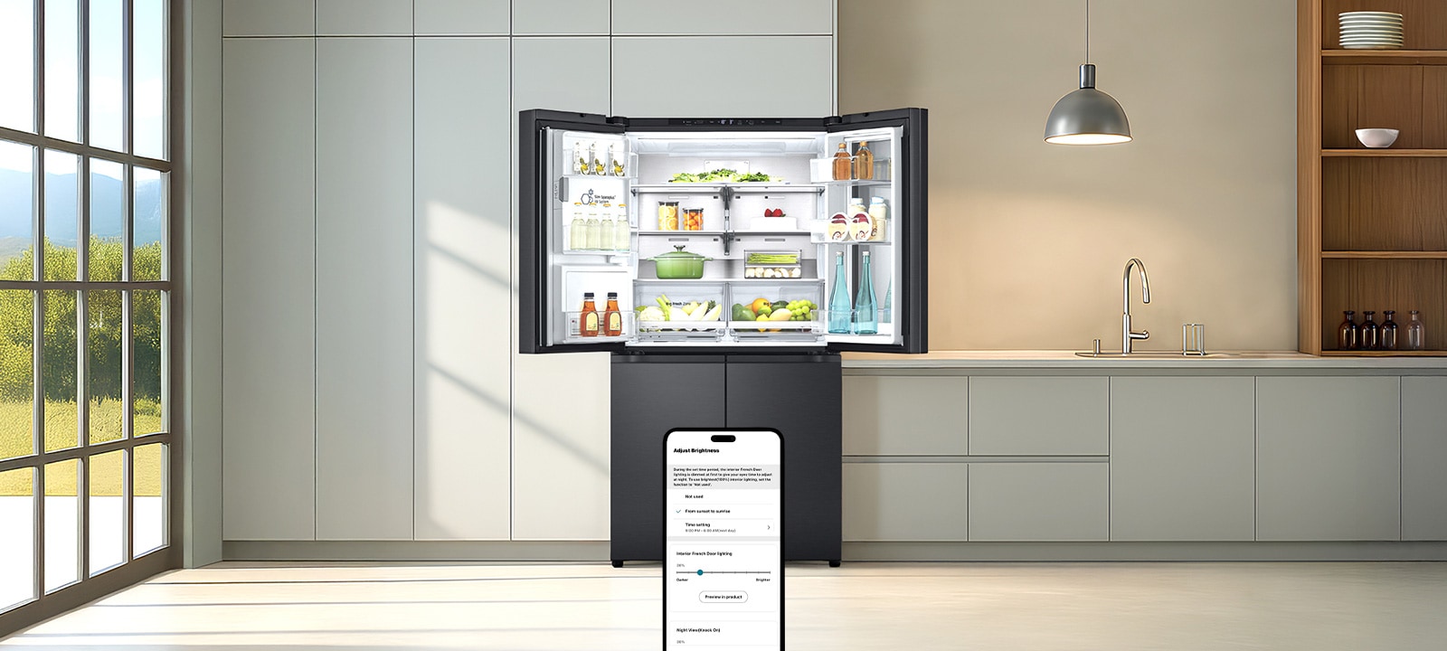 Bright kitchen side with an open LG refrigerator showing neatly organized food items inside