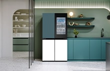 A modern kitchen featuring an LG refrigerator. A product cut is shown in the bottom right corner of the image.