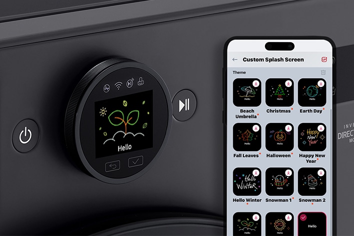 LG washer control panel with custom splash screen next to phone showing multiple theme options