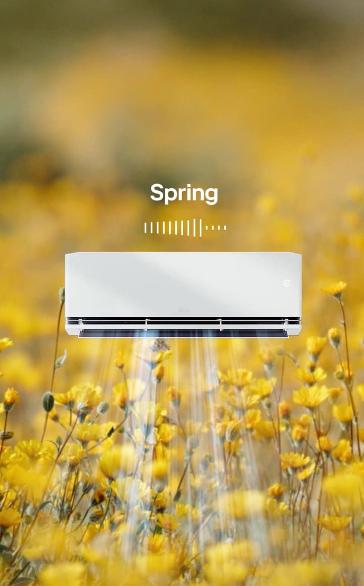 A video shows an LG air conditioner and different start, end sounds. The video ends by showing LG ThinQ app.
