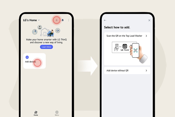 Phone screens showing LG ThinQ home and device add options with QR scan and manual add