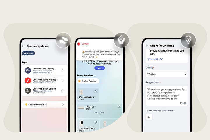 Phone screen showing LG ThinQ app with Share Your Ideas form