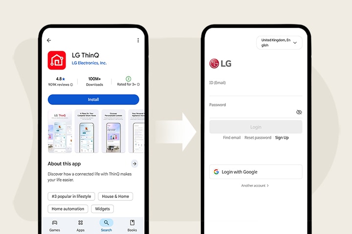 Phone screens showing LG ThinQ app install page and login screen
