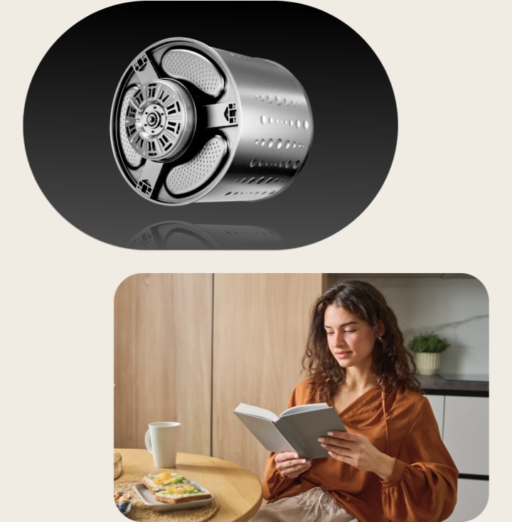 Image du moteur LG Inverter Direct Drive™; d'une femme lisant un livre et d'une maman avec son enfant endormi