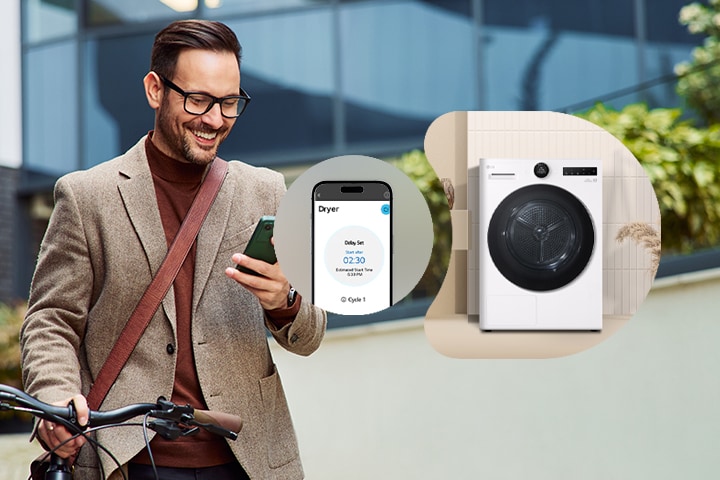 Un homme contrôle à distance le sèche-linge LG à distance via une application ThinQ.