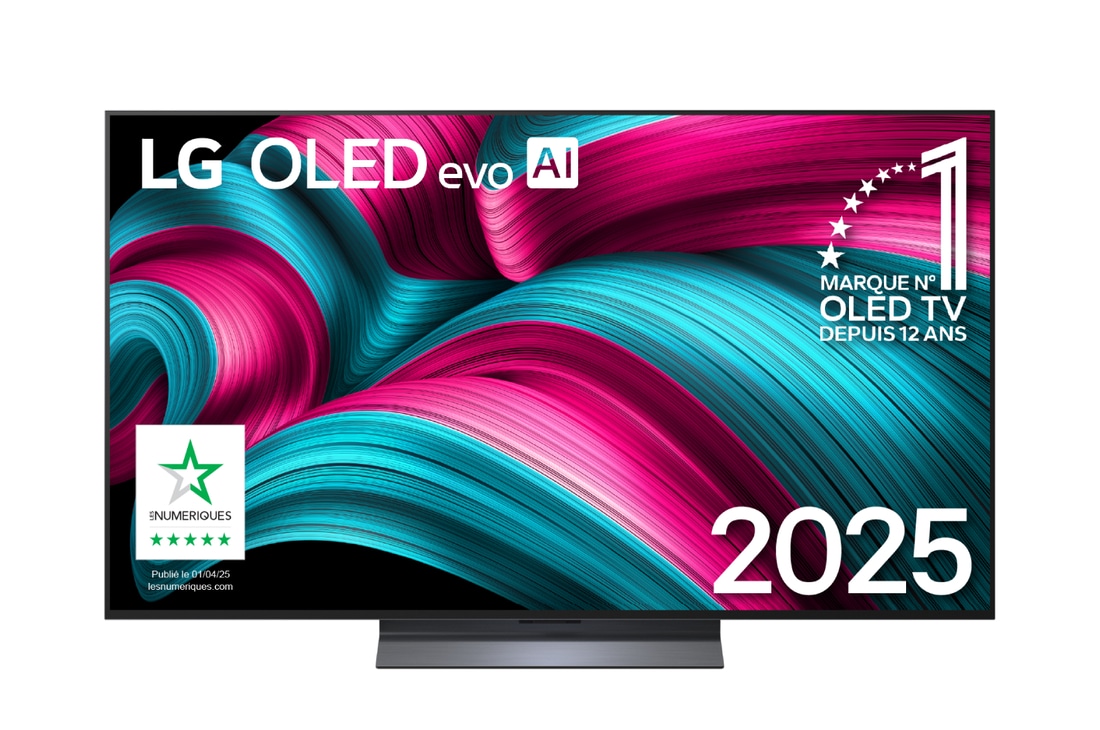Vue avant de la Smart TV LG OLED evo AI C5 4K. L’emblème OLED numéro 1 dans le monde pendant 12 ans et le logo LG OLED evo AI 2025 sont à l’écran.