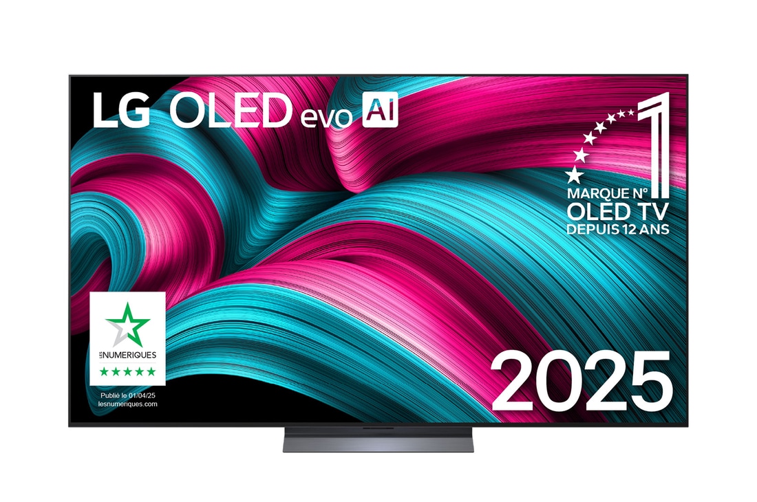 Vue avant de la Smart TV LG OLED evo AI C5 4K. L’emblème OLED numéro 1 dans le monde pendant 12 ans et le logo LG OLED evo AI 2025 sont à l’écran.