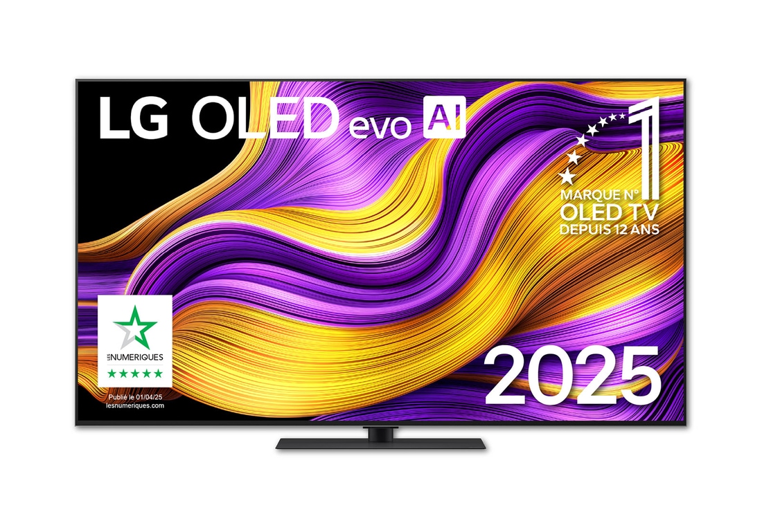 Vue avant de la Smart TV LG OLED evo AI G5 4K. L’emblème OLED numéro 1 dans le monde pendant 12 ans et le logo LG OLED evo AI 2025 sont à l’écran.