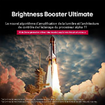 A space shuttle launching from the ground. The scene is split in the middle with one half slightly darker and duller. The other half shows how the rocket blast is remarkably bright, demonstrating how bright visuals can be on an LG OLED TV screen with the light emitting structure and lighting control architecture of Brightness Booster Max.
