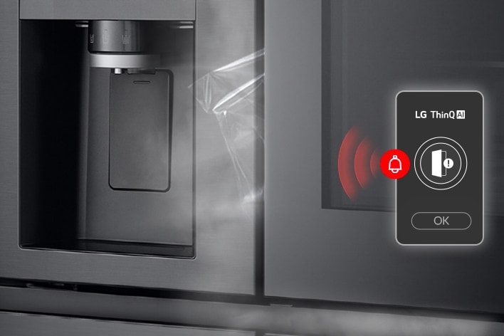 LG refrigerator door slightly open with LG ThinQ alert icon displaying red signal waves