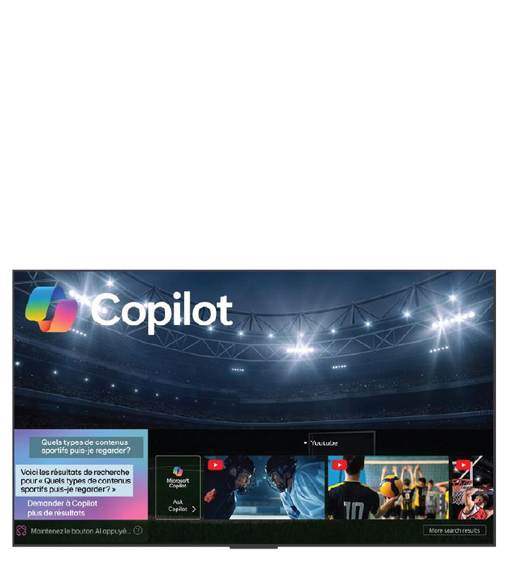 Gros plan d’une LG QNED TV montrant le fonctionnement de la recherche par IA, AI Search. Une petite fenêtre de chat est ouverte, montrant comment l’utilisateur a demandé les jeux de sport disponibles. La recherche par IA a répondu par chat et en montrant des vignettes des contenus disponibles. On voit aussi une invite à faire une demande à Microsoft Copilot.