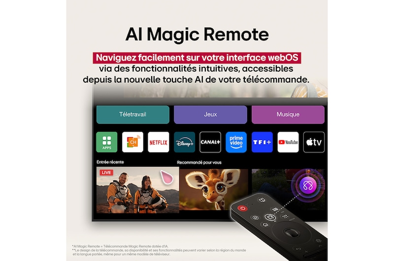 Écran LG TV avec une télécommande AI Magic Remote au premier plan. Le bouton IA est mis en surbrillance et une bulle de dialogue montre du texte : suggérez un film que j’aime. À l’écran, nous voyons l’icône utilisateur E, indiquant comment AI Voice ID a pu identifier l’utilisateur et formuler des recommandations personnalisées en fonction de sa voix.