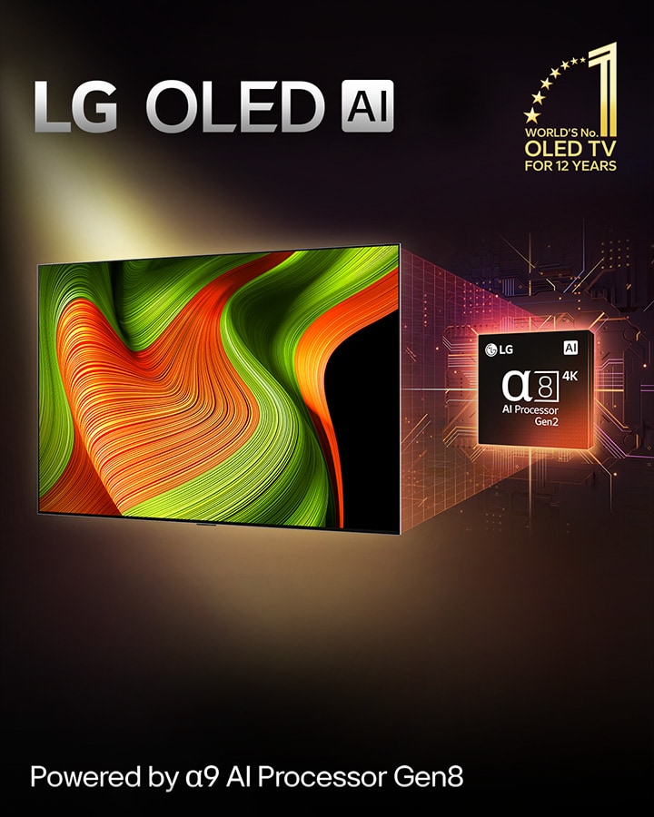 Sur l’écran d’une TV LG OLED AI se trouve une image abstraite aux détails, couleurs et contrastes impressionnants. Une version agrandie du processeur alpha 8 AI de 2ème génération se trouve derrière la TV. Sa lumière brillante éclaire les circuits de micropuce qui l’entourent. Le titre dit LG OLED AI. Le texte est également visible, alimenté par le processeur IA alpha 8 LG de 2ème génération. Un logo doré avec des étoiles dans le coin dit : l’OLED TV numéro un mondial depuis 12 ans.