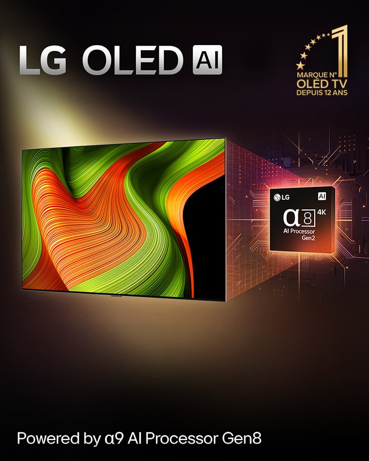 Sur l’écran d’une TV LG OLED AI se trouve une image abstraite aux détails, couleurs et contrastes impressionnants. Une version agrandie du processeur alpha 8 AI de 2ème génération se trouve derrière la TV. Sa lumière brillante éclaire les circuits de micropuce qui l’entourent. Le titre dit LG OLED AI. Le texte est également visible, alimenté par le processeur IA alpha 8 LG de 2ème génération. Un logo doré avec des étoiles dans le coin dit : l’OLED TV numéro un mondial depuis 12 ans.