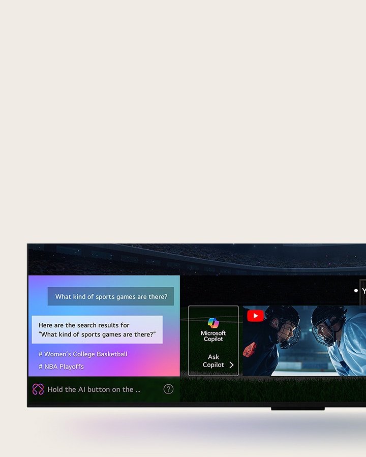 Gros plan d’un écran de LG OLED TV montrant le fonctionnement de la recherche par IA, AI Search. Une petite fenêtre de chat est ouverte, montrant comment l’utilisateur a demandé les jeux de sport disponibles. La recherche par IA a répondu par chat et en montrant des vignettes des contenus disponibles. On voit aussi une invite à faire une demande à Microsoft Copilot.