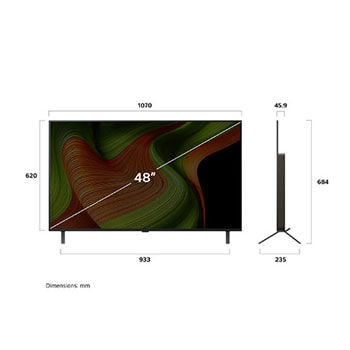Vue avant et latérale de la Smart TV LG OLED AI B5 4K montrant ses dimensions de longueur, largeur, hauteur et profondeur.