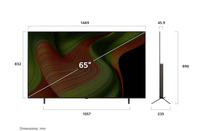 Vue avant et latérale de la Smart TV LG OLED AI B5 4K montrant ses dimensions de longueur, largeur, hauteur et profondeur.