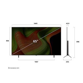 Vue avant et latérale de la Smart TV LG OLED AI B5 4K montrant ses dimensions de longueur, largeur, hauteur et profondeur.