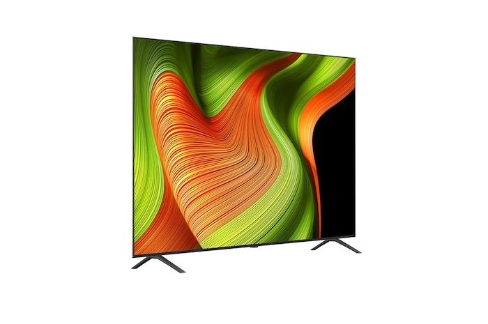 Vue avant et latérale de la Smart TV LG OLED AI B5 4K montrant ses dimensions de longueur, largeur, hauteur et profondeur.