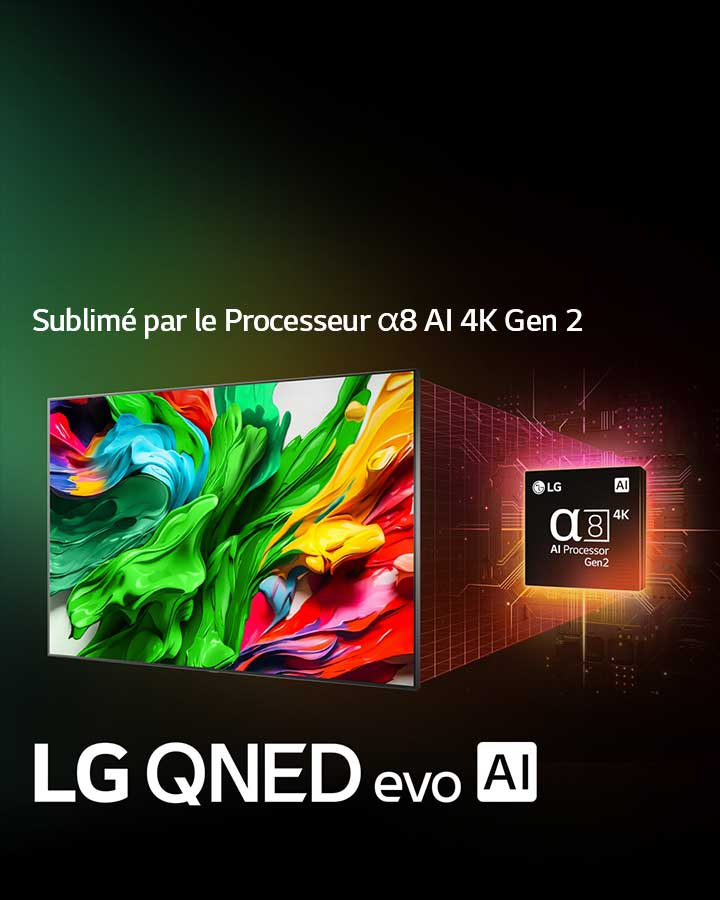 La LG QNED TV est légèrement inclinée vers la gauche et représente des textures colorées semblables à de la peinture, réunies en rouge, jaune, vert, bleu et violet. Derrière la TV se trouve le processeur alpha 8 4K AI émettant une lumière orange et rose. Le logo du LG QNED evo AI se trouve dans le coin en bas à gauche. L’arrière-plan est un dégradé de vert. Le texte est également visible, alimenté par le processeur LG alpha AI.