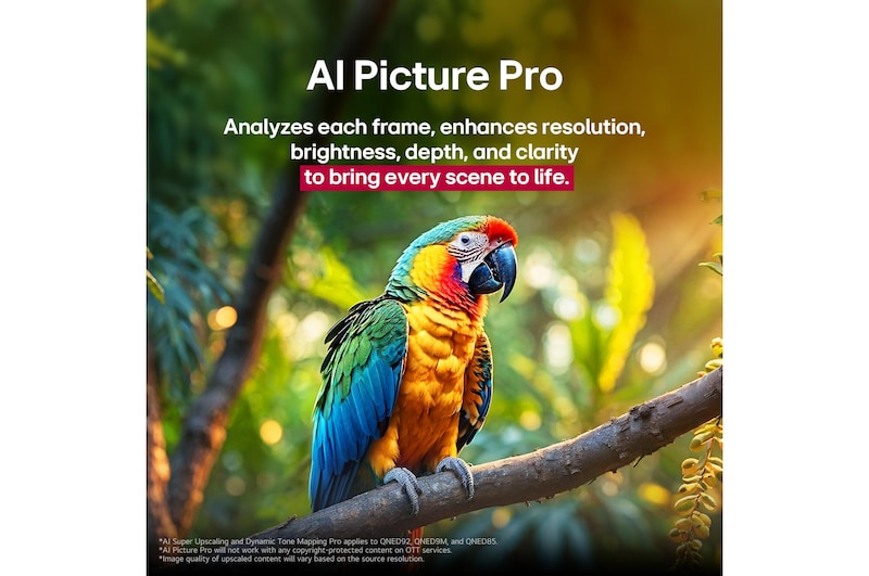The alpha 8 4K AI Processor lights up orange and pink, and colorful bolts of light shoot out from it. Short text describes how the alpha 8 4K AI Processor upscales visuals with stunning color and brightness.