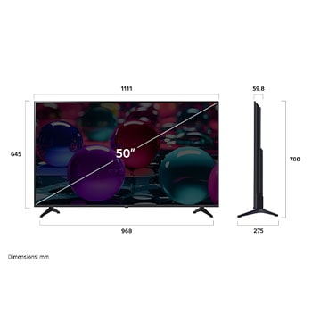 Vue avant et latérale de la Smart TV LG UHD AI UA73 4K montrant ses dimensions de longueur, largeur, hauteur et profondeur.