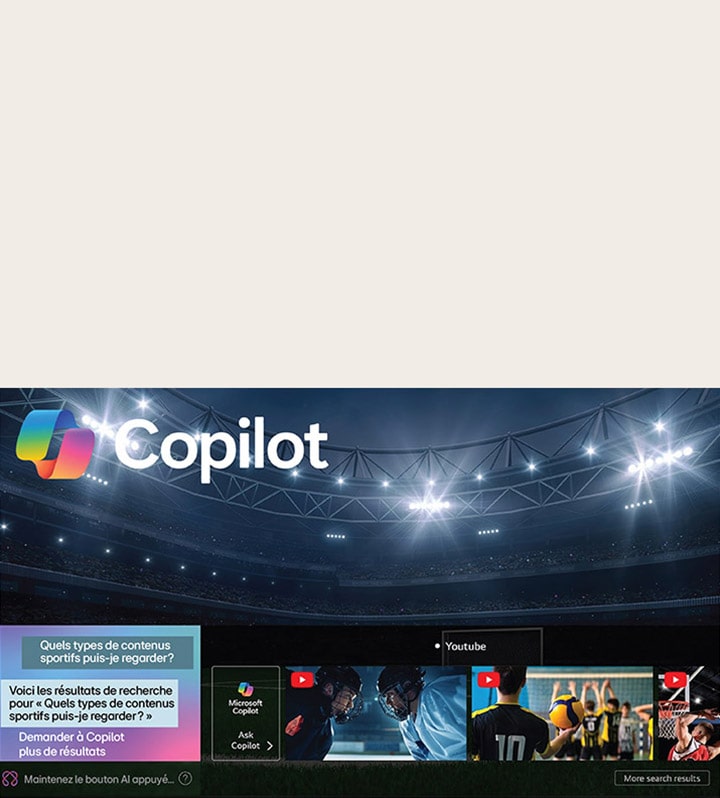 Gros plan d’une LG QNED TV montrant le fonctionnement de la recherche par IA, AI Search. Une petite fenêtre de chat est ouverte, montrant comment l’utilisateur a demandé les jeux de sport disponibles. La recherche par IA a répondu par chat et en montrant des vignettes des contenus disponibles. On voit aussi une invite à faire une demande à Microsoft Copilot.