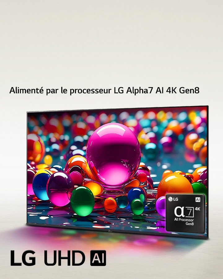 La LG UHD TV est légèrement inclinée vers la gauche et représente des marbres colorés placés dans différentes couleurs, rose, bleu et violet. Le logo processeur alpha 7 AI 4K est situé dans le coin inférieur droit de la TV. Le logo du LG UHD AI se trouve dans le coin en bas à gauche. Le texte est également visible, alimenté par le processeur IA alpha LG.