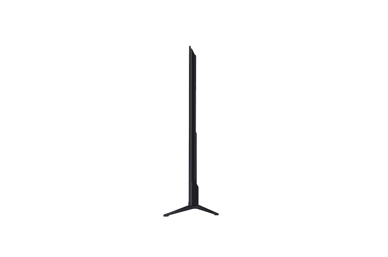 Vue avant et latérale de la Smart TV LG UHD AI UA75 4K montrant ses dimensions de longueur, largeur, hauteur et profondeur.