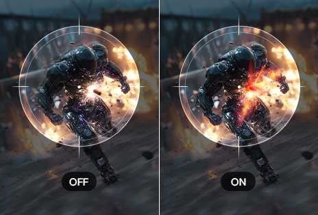Scène de jeu côte à côte comparant les fonctionnalités désactivées et activées, montrant un personnage aux mouvements flous à gauche avec « OFF », et une image plus nette et plus stable à droite avec « ON ». Un zoom circulaire met en évidence la différence visuelle