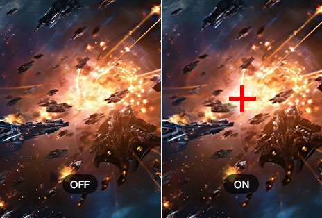 Scène de bataille spatiale présentée côte à côte, avec l’image de gauche intitulée « OFF » et la droite intitulée « ON », avec en superposition un réticule rouge sur l’image de droite pour indiquer une meilleure visée ou une aide au ciblage