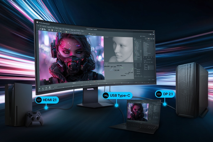 Un moniteur de jeu est connecté à un PC, un ordinateur portable et une console, illustrant des options de connectivité polyvalentes, notamment DisplayPort 2.1, USB Type-C et HDMI 2.1 pour des jeux et une productivité haute performance.