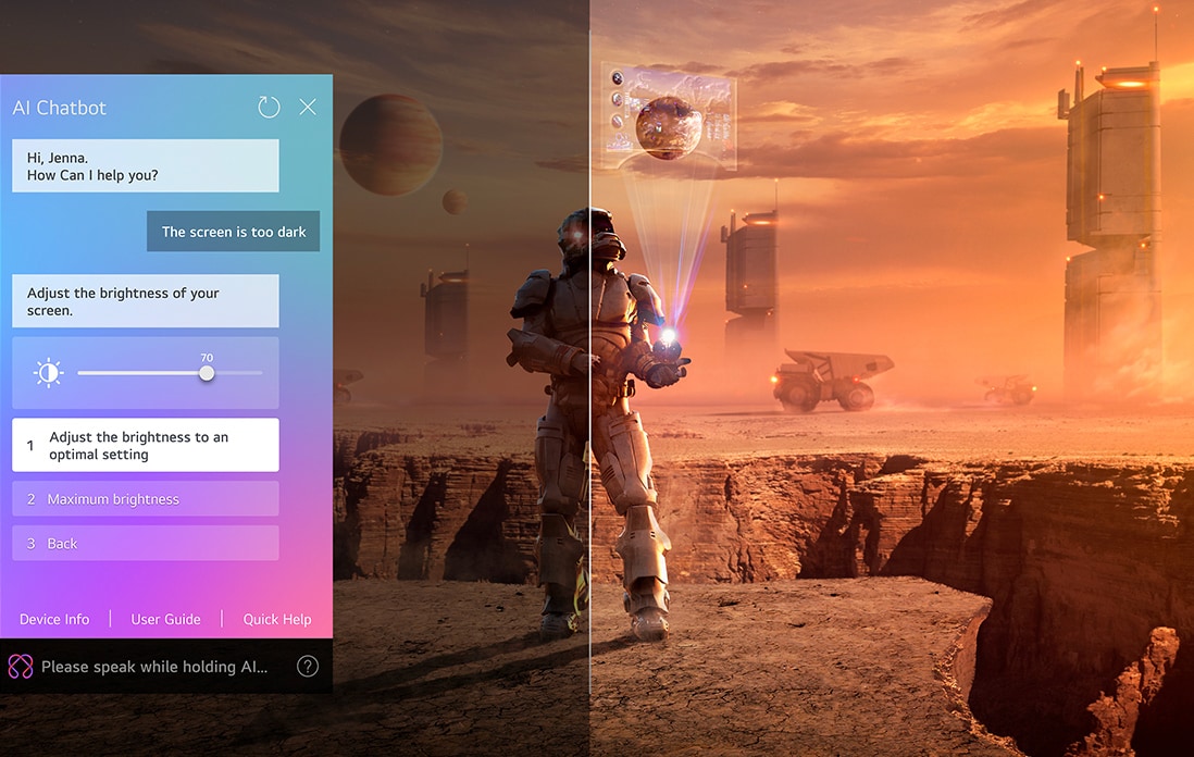 Le contenu de science-fiction est diffusé sur un écran de LG QNED TV. Sur l’écran se trouve l’interface AI Chatbot. L’utilisateur a envoyé un message au Chatbot indiquant que l’écran est trop sombre. Le Chatbot a proposé des solutions à la demande. Toute la scène est également divisée en deux. Un côté est plus sombre, l’autre est plus lumineux, montrant comment AI Chatbot a résolu le problème pour l’utilisateur automatiquement.