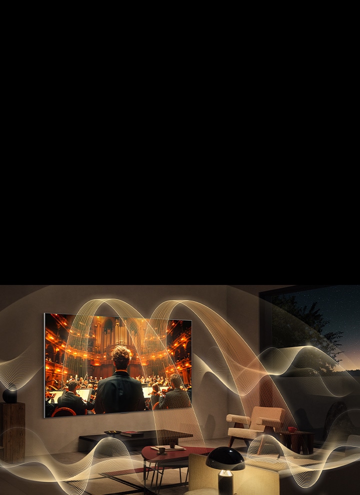 Salon avec une LG TV. Des représentations graphiques d’ondes sonores remplissent tout l’espace, montrant le son surround riche des canaux virtuels 11.1.2.